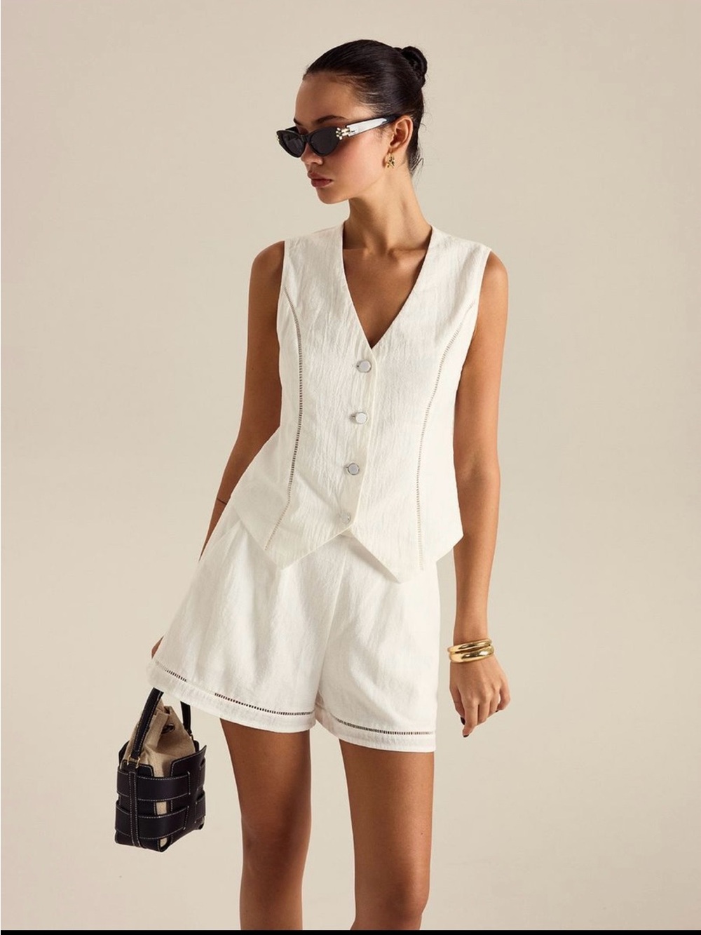 Commense Cotton Button Detail Vest Top With Pockets Shorts Set